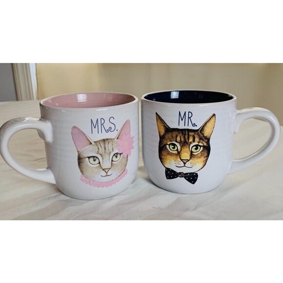 EUC~Set of MR & MRS CAT White Pink Blue Ceramic Mugs~Wedding Engagement Gift - Picture 1 of 8